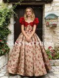 Puffy Sleeve Ball Gown Print Red Prom Dress
