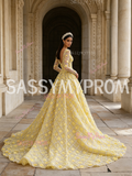 Long Sleeve V Neck Yellow A Line Beading Flower Prom Dress