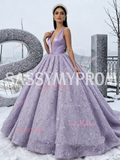 Lavender Satin Lace Flower Ball Gown Belt Prom Dress
