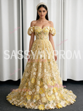 Yellow Lace Floral Off The Shoulder A Line Prom Dress