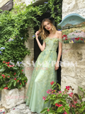 Off The Shoulder Tulle Green Floral A Line Prom Dress