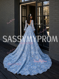 Deep V Neck A Line Blue Beading Long Sleeve Flower Prom Dress