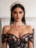 Black Off The Shoulder Floral Lace A Line Prom Dress