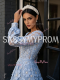 Deep V Neck A Line Blue Beading Long Sleeve Flower Prom Dress