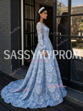 Deep V Neck A Line Blue Beading Long Sleeve Flower Prom Dress