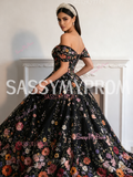 Black Off The Shoulder Floral Lace A Line Prom Dress