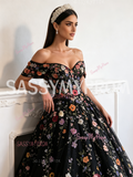 Black Off The Shoulder Floral Lace A Line Prom Dress