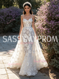 Pearls Beading Flowers Spaghetti Straps Tulle Wedding Dress