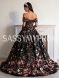 Black Off The Shoulder Floral Lace A Line Prom Dress