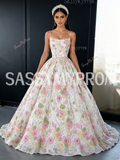 Pink Spaghetti Strap Tulle Floral Sequin Prom Ball Gown