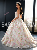 Pink Spaghetti Strap Tulle Floral Sequin Prom Ball Gown