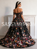 Black Off The Shoulder Floral Lace A Line Prom Dress