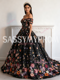 Black Off The Shoulder Floral Lace A Line Prom Dress