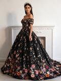 Black Off The Shoulder Floral Lace A Line Prom Dress