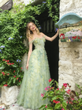 Off The Shoulder Tulle Green Floral A Line Prom Dress