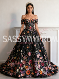 Black Off The Shoulder Floral Lace A Line Prom Dress
