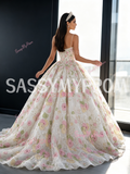 Pink Spaghetti Strap Tulle Floral Sequin Prom Ball Gown