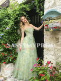 Off The Shoulder Tulle Green Floral A Line Prom Dress