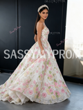 Pink Spaghetti Strap Tulle Floral Sequin Prom Ball Gown
