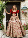 Puffy Sleeve Ball Gown Print Red Prom Dress