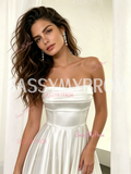 Strapless Satin A Line Simple Wedding Dress With Slit