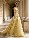 Long Sleeve V Neck Yellow A Line Beading Flower Prom Dress