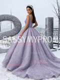 Lavender Satin Lace Flower Ball Gown Belt Prom Dress