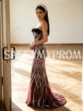 Tulle Beading Mesh Burgundy Strapless Sheath Column Prom Dress