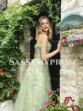 Off The Shoulder Tulle Green Floral A Line Prom Dress