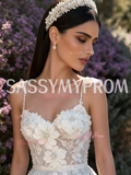 Pearls Beading Flowers Spaghetti Straps Tulle Wedding Dress