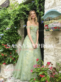 Off The Shoulder Tulle Green Floral A Line Prom Dress