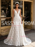 Tulle Lace Daisy Flower Beading White V Neck Wedding Dress