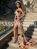 Sweetheart Lace Floral Sheath Column Prom Dress With Slit
