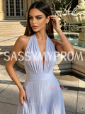Light Purple Halter Pleats A Line Chiffon Prom Dress