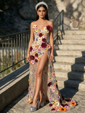 Sweetheart Lace Floral Sheath Column Prom Dress With Slit