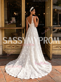 Tulle Lace Daisy Flower Beading White V Neck Wedding Dress