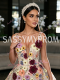 Lace Detachable Train Trumpet Mermaid Colorful Floral Prom Dress