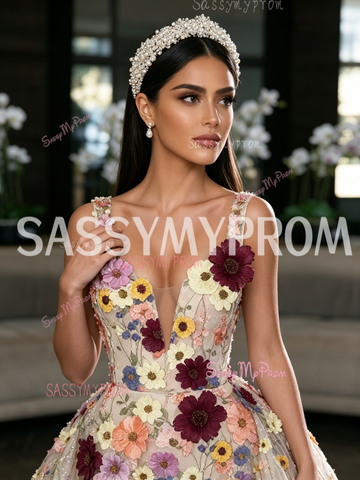 Lace Detachable Train Trumpet Mermaid Colorful Floral Prom Dress