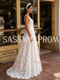 Tulle Lace Daisy Flower Beading White V Neck Wedding Dress