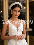 Tulle Lace Daisy Flower Beading White V Neck Wedding Dress