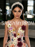 Lace Detachable Train Trumpet Mermaid Colorful Floral Prom Dress