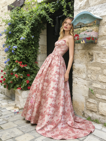 Red Sweep Train Strapless Floral Satin Prom Dress