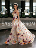 Lace Detachable Train Trumpet Mermaid Colorful Floral Prom Dress