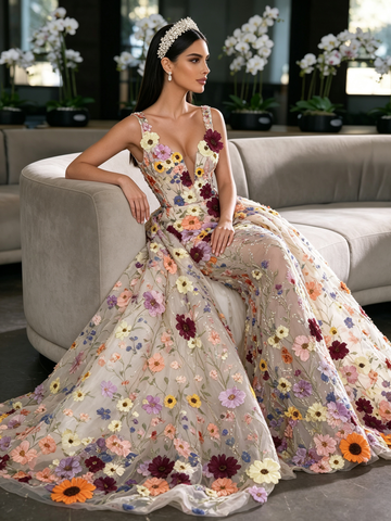 Lace Detachable Train Trumpet Mermaid Colorful Floral Prom Dress