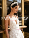 Tulle Lace Daisy Flower Beading White V Neck Wedding Dress