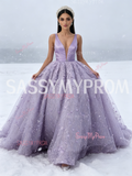 Lavender Satin Lace Flower Ball Gown Belt Prom Dress