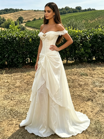 Ivory Organza Off The Shoulder Ruffles Prom Dress