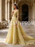 Long Sleeve V Neck Yellow A Line Beading Flower Prom Dress