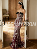Tulle Beading Mesh Burgundy Strapless Sheath Column Prom Dress