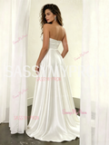 Strapless Satin A Line Simple Wedding Dress With Slit